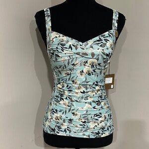 *NIP TUCK* Light Blue Boho Breeze Floral Ruched Swim Tank Top NWT Size 6